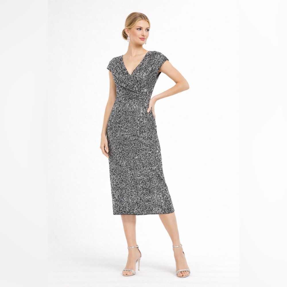 Mac Duggal Glittering Silver Midi Dress